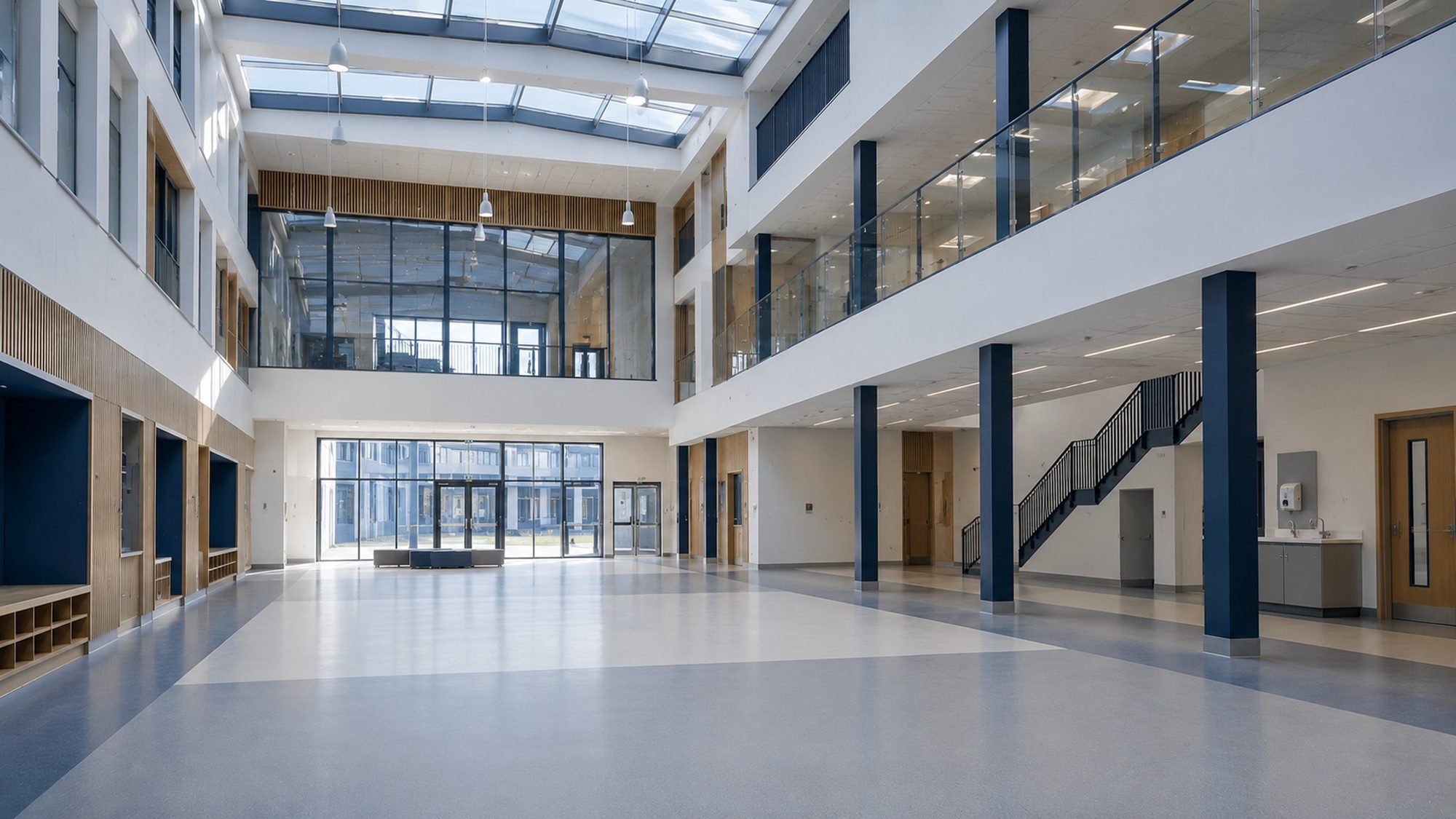 A new-build school atrium nearing completion.