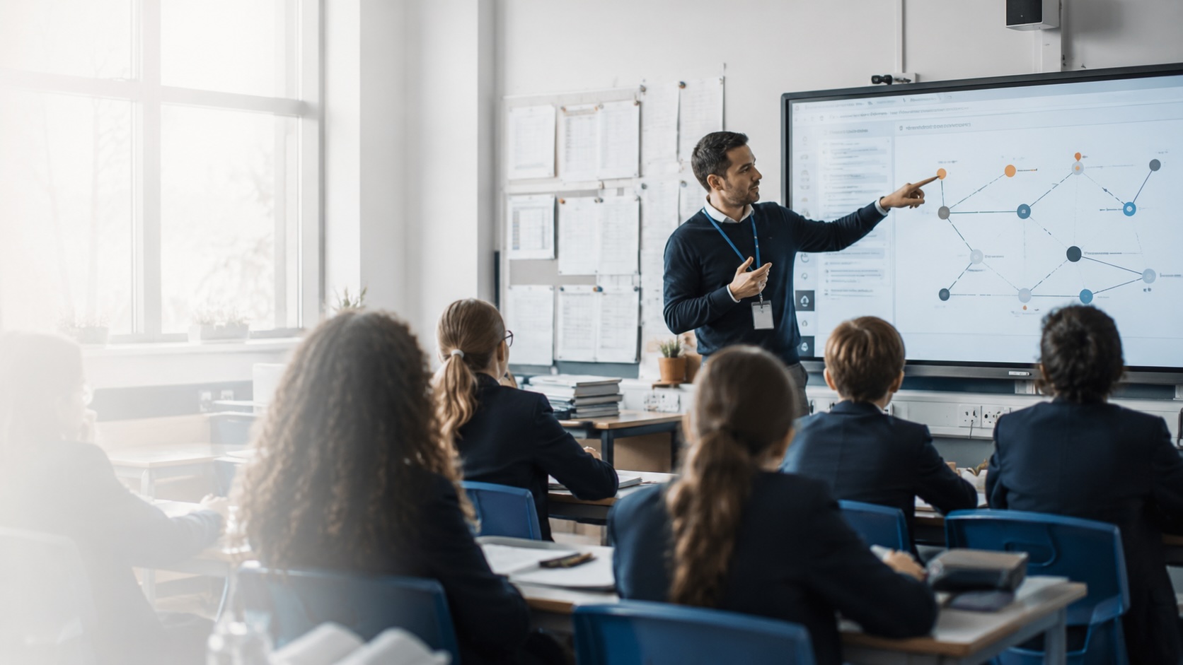 A daylit classroom mid-lesson with an interactive screen at the front, pupils seen from behind.