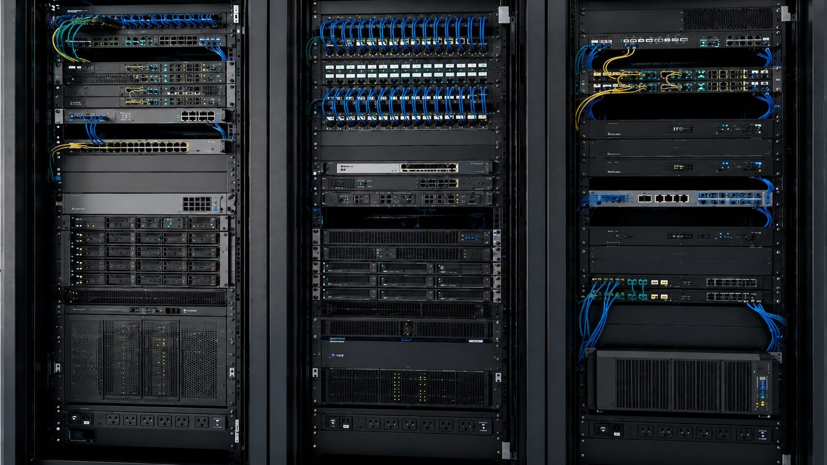 A well-maintained communications cabinet with neat patch panels and tidy cable management.