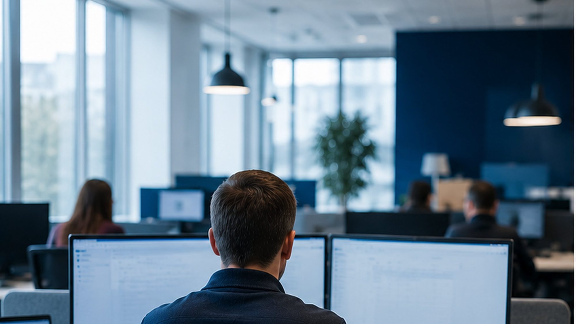 A professional at a tidy desk with two monitors in a modern office, seen from behind.