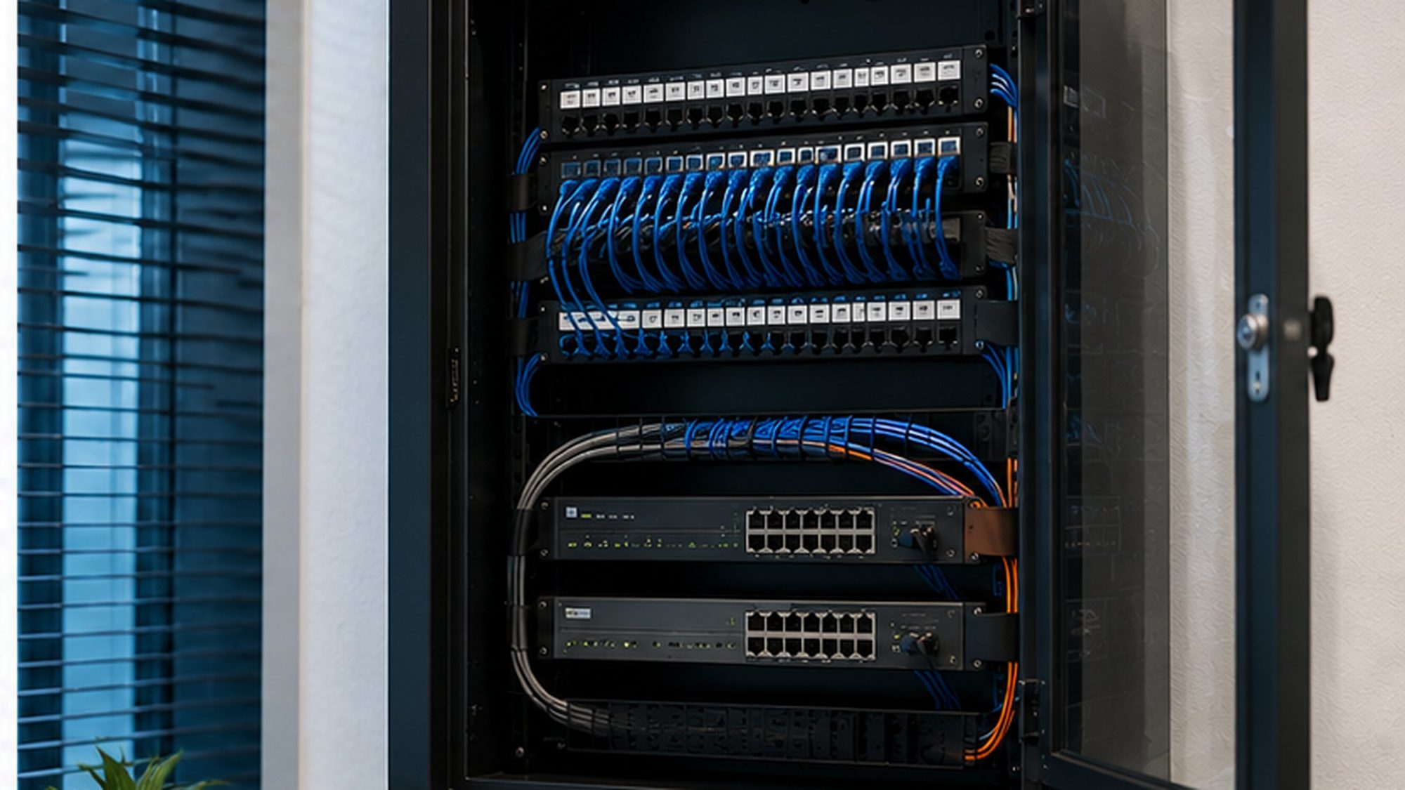 A small, immaculate office comms cabinet with disciplined cabling.