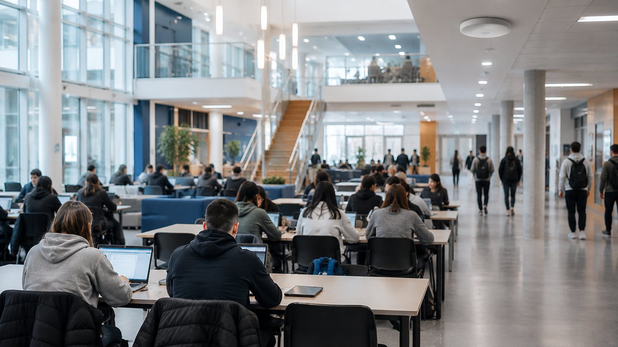 A college learning commons with students working on their own devices, seen from behind.