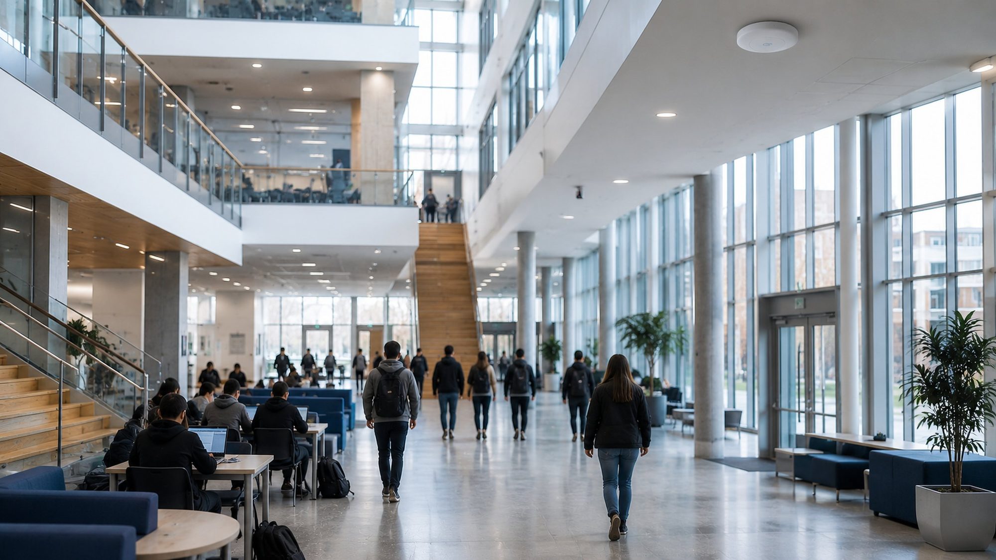 A bright college atrium with a discreet ceiling wireless access point.