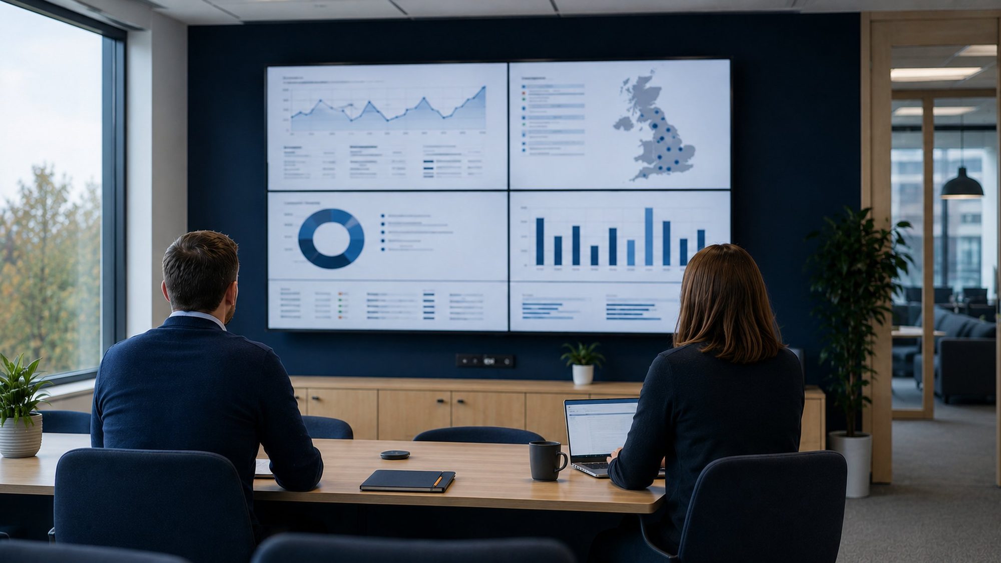 A trust central team workspace with a large wall dashboard, staff seen from behind.