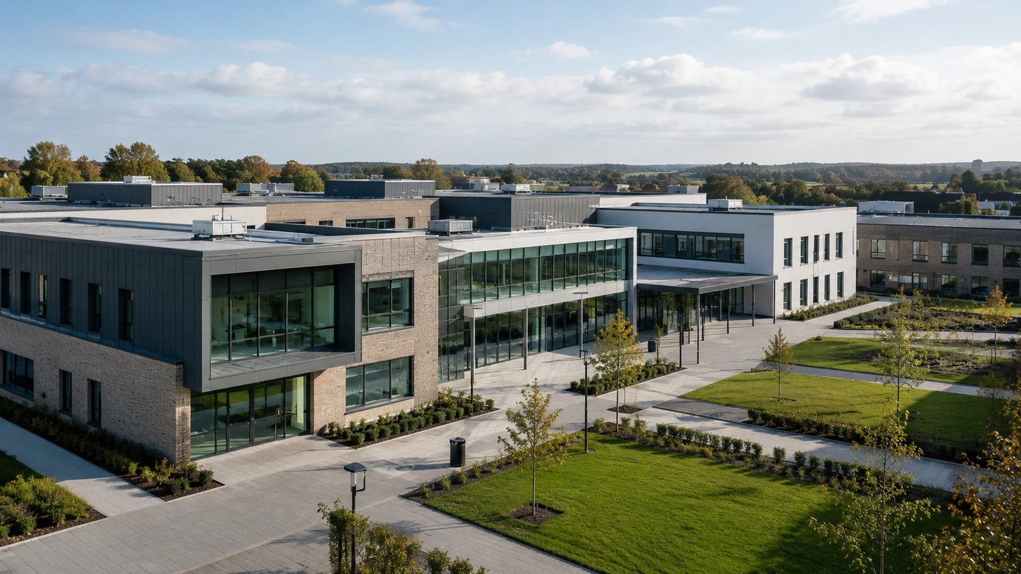 A modern school campus of connected buildings in bright daylight.