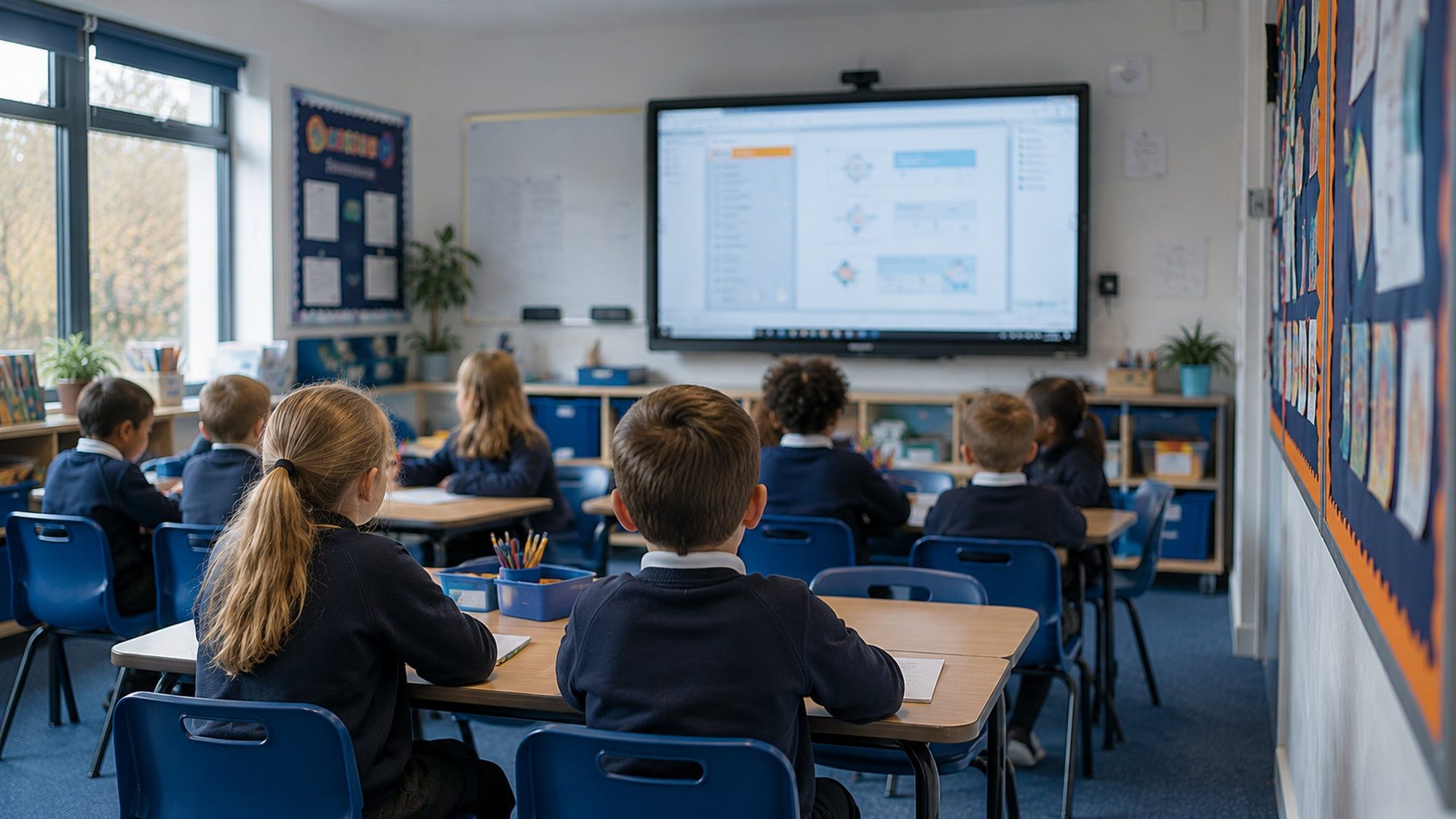 A daylit primary classroom mid-lesson, pupils seen from behind.