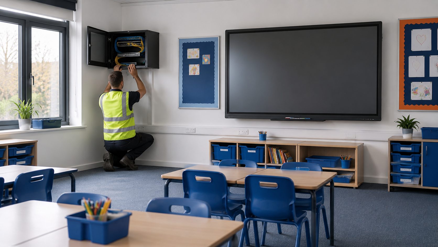 An engineer at a tidy wall cabinet in a primary school corridor.