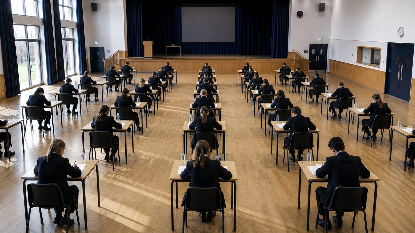 A school hall set up for exams, rows of desks, pupils unidentifiable.