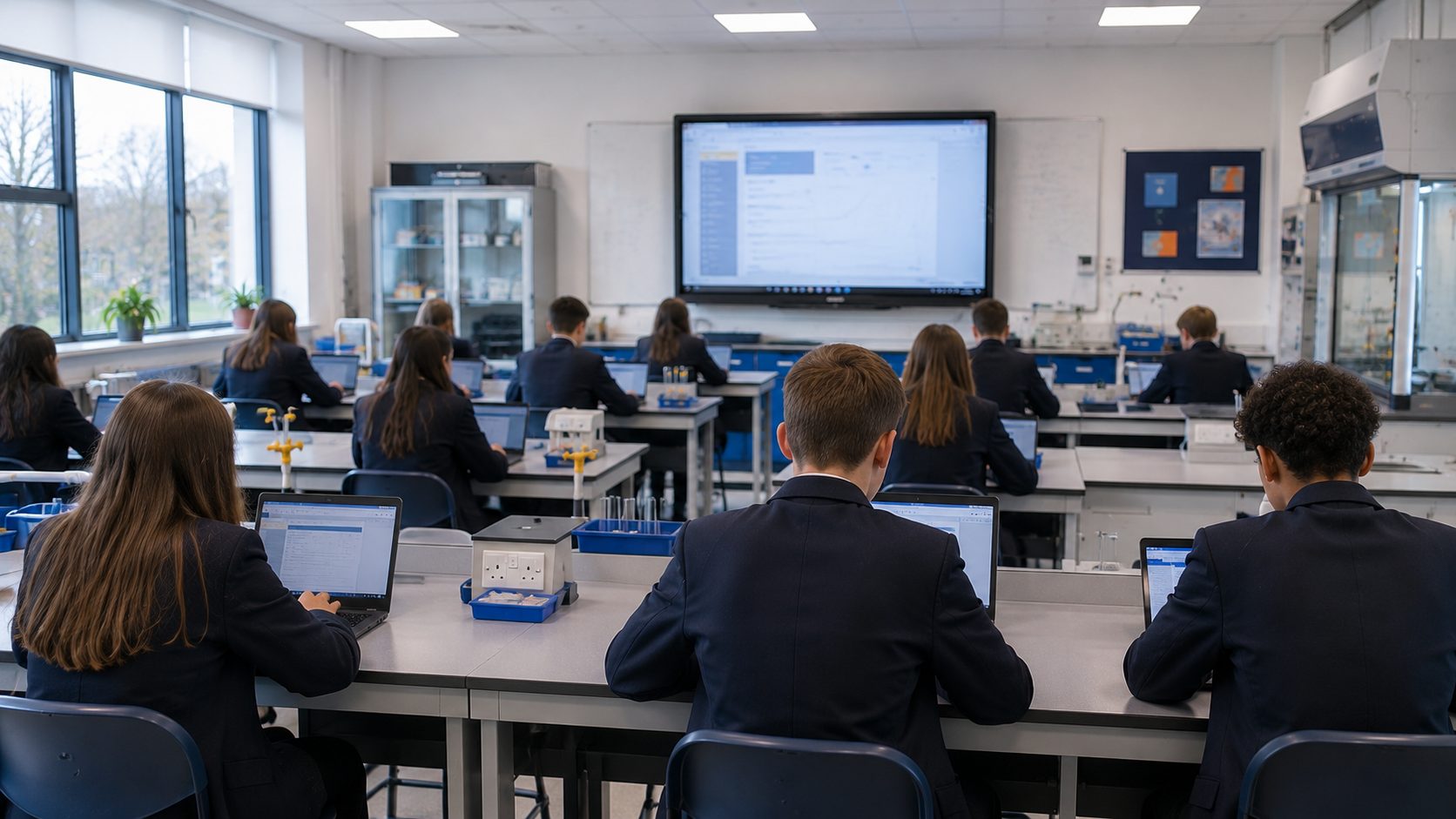 A secondary classroom with departmental equipment and laptops in use.