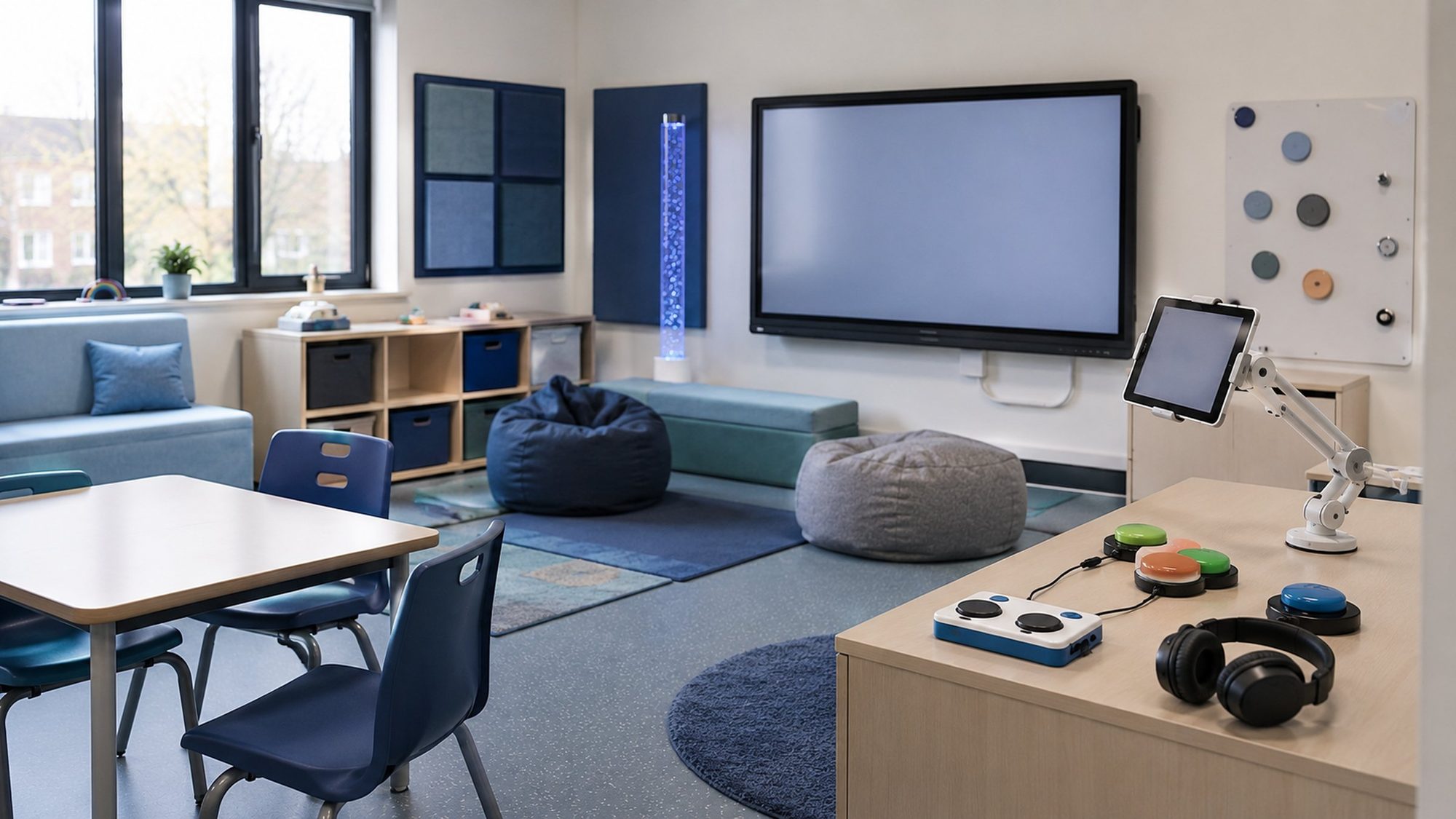 A calm SEN classroom with assistive technology in soft light.
