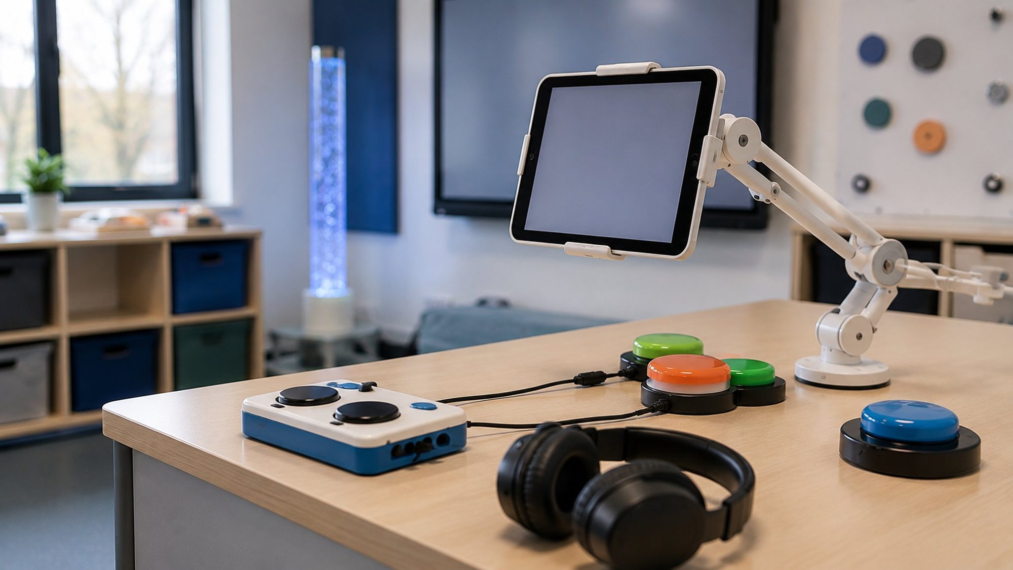 Assistive technology laid out ready on a desk.