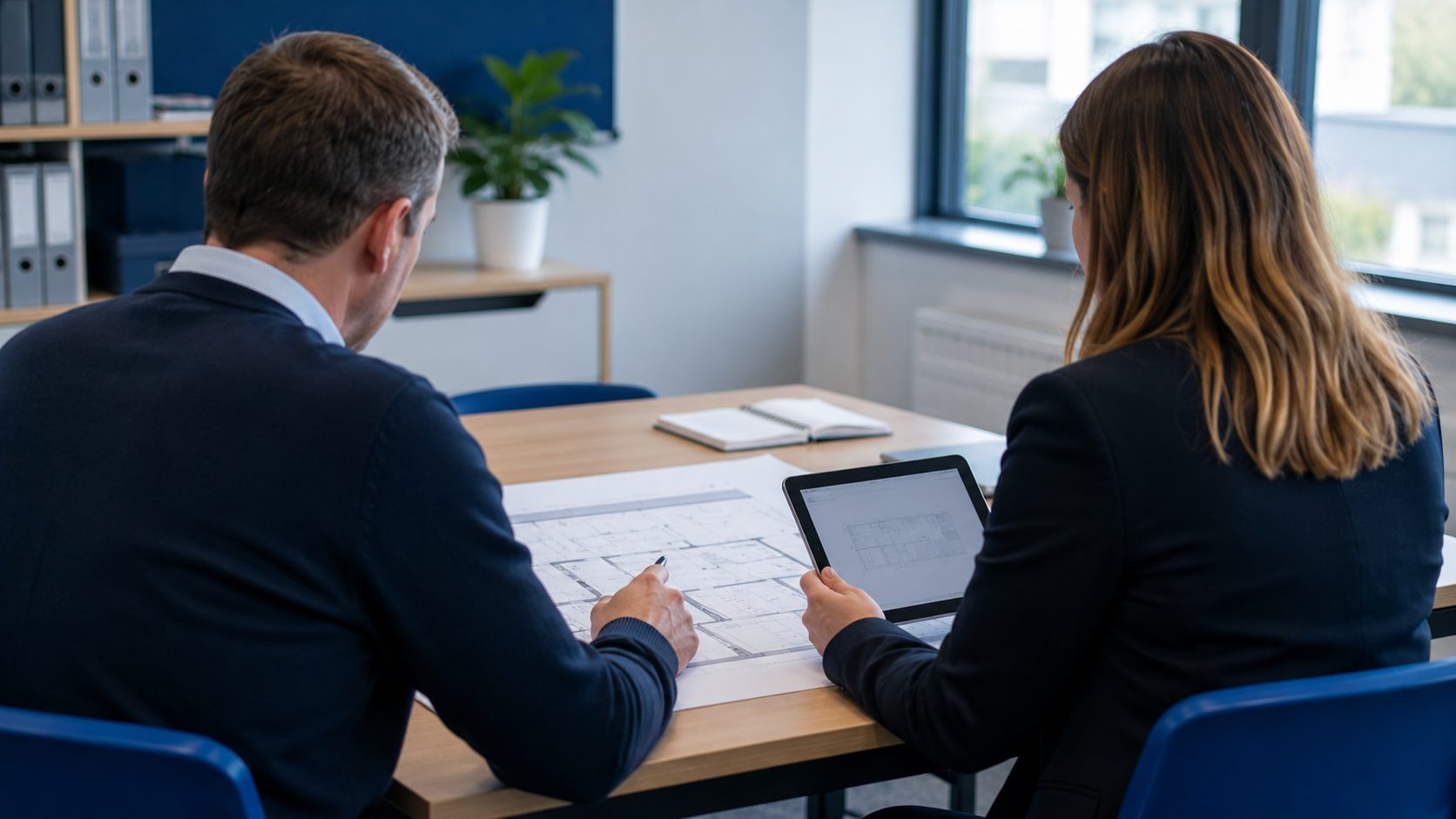 Two professionals reviewing floor plans and a tablet in a school office.
