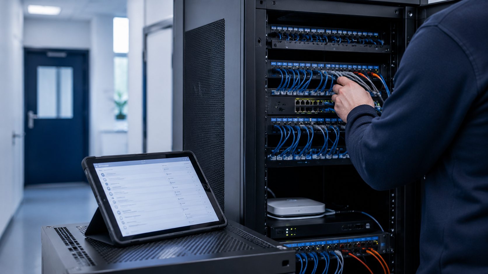A tablet checklist beside an open, tidy network cabinet during an audit.