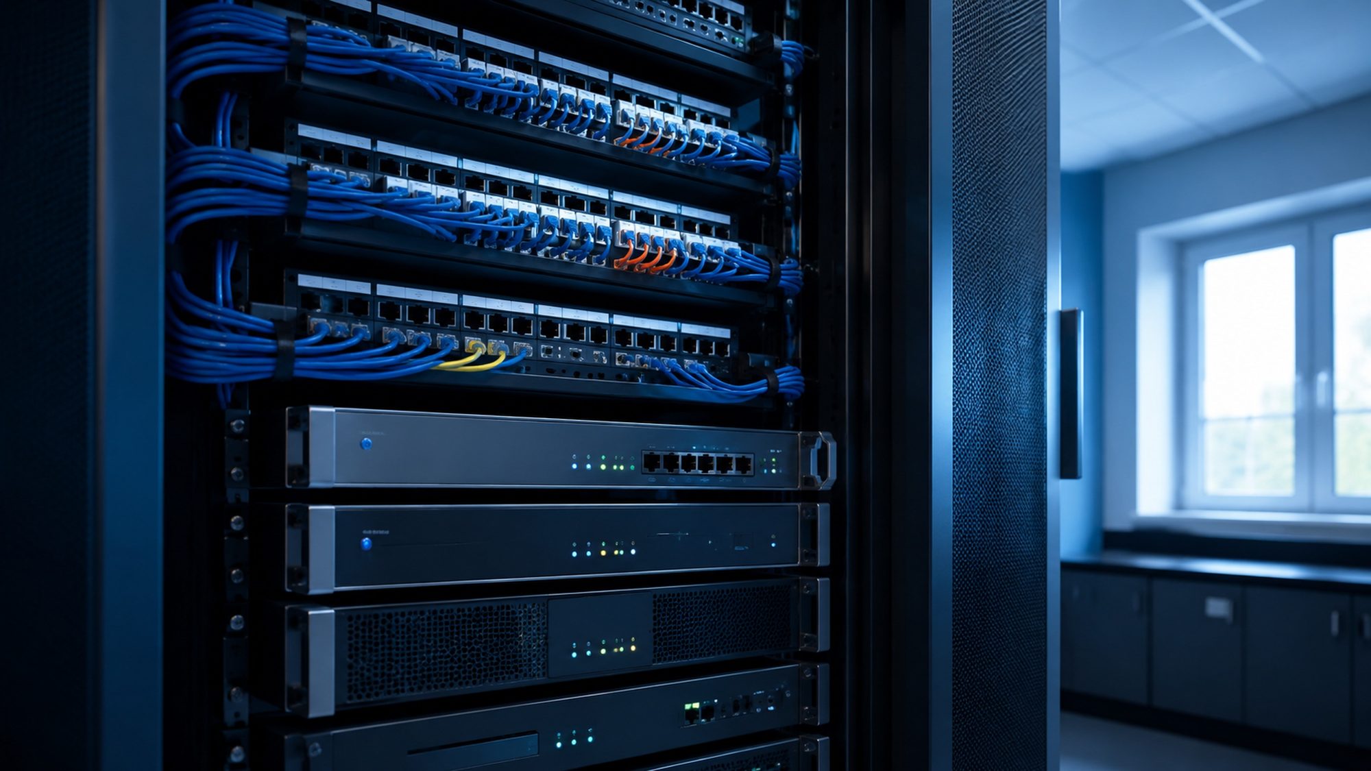 A well-ordered school communications cabinet with neat patch panels, structured cabling, and rack-mounted security appliances.