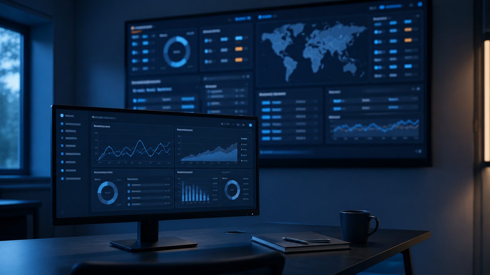 A calm security monitoring view with neutral dashboards on screen, no people.