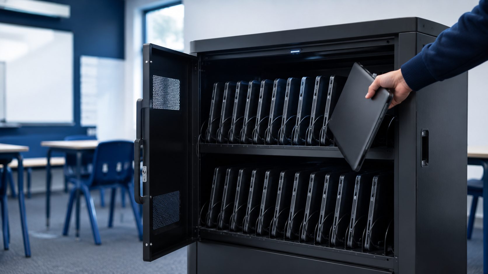 A laptop charging trolley with rows of identical laptops docked.