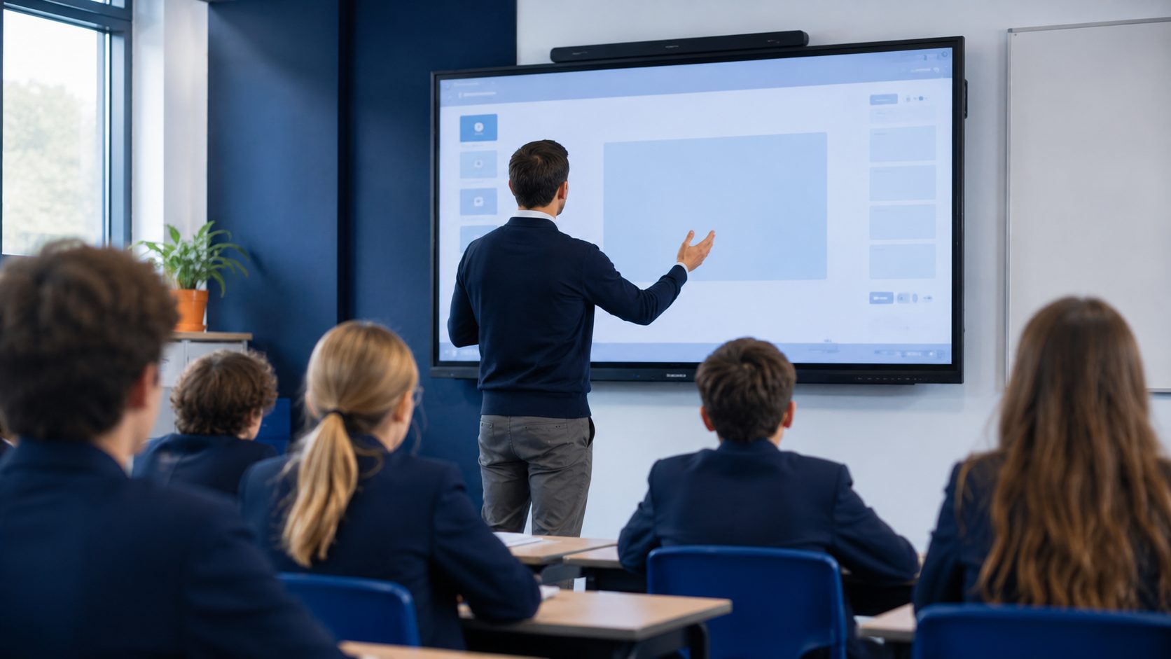 A large interactive screen in use in a daylit classroom.