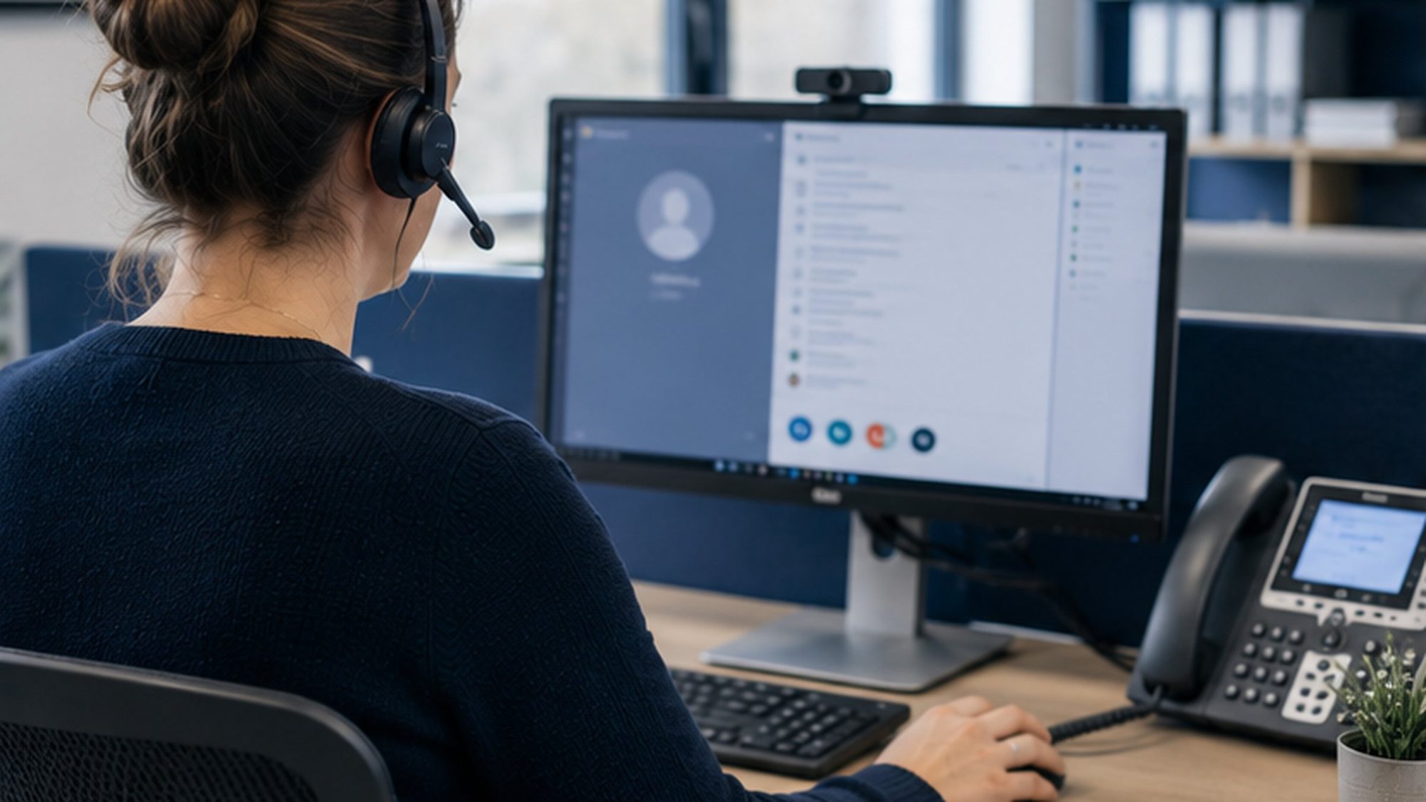 A staff member on a headset call at a tidy school office desk, seen from behind.