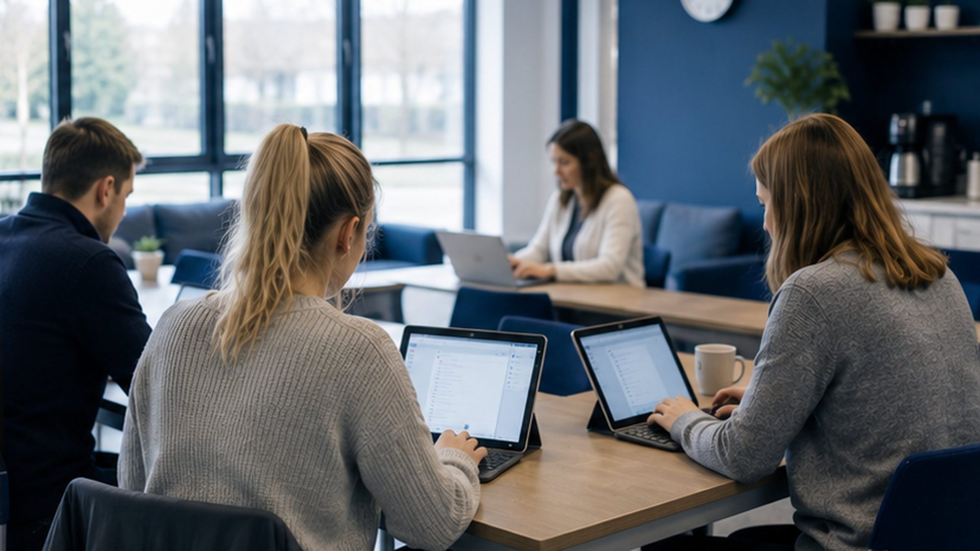 Teachers working across devices in a bright staff room, seen from behind.