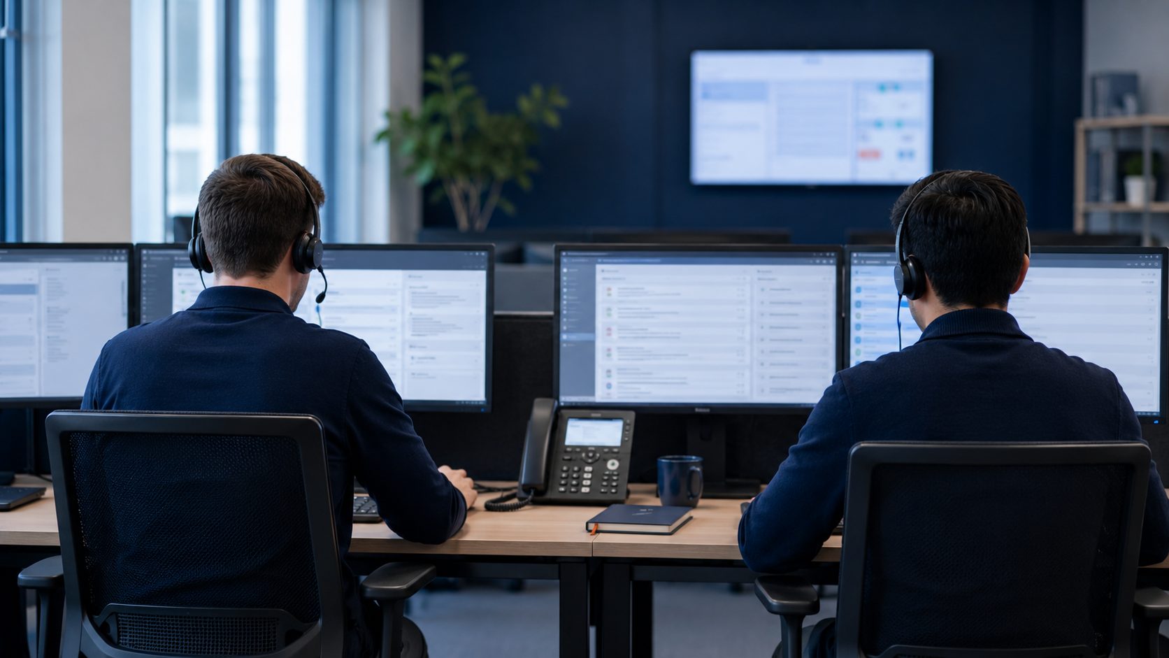 Two support engineers with headsets at a calm service desk, seen from behind.