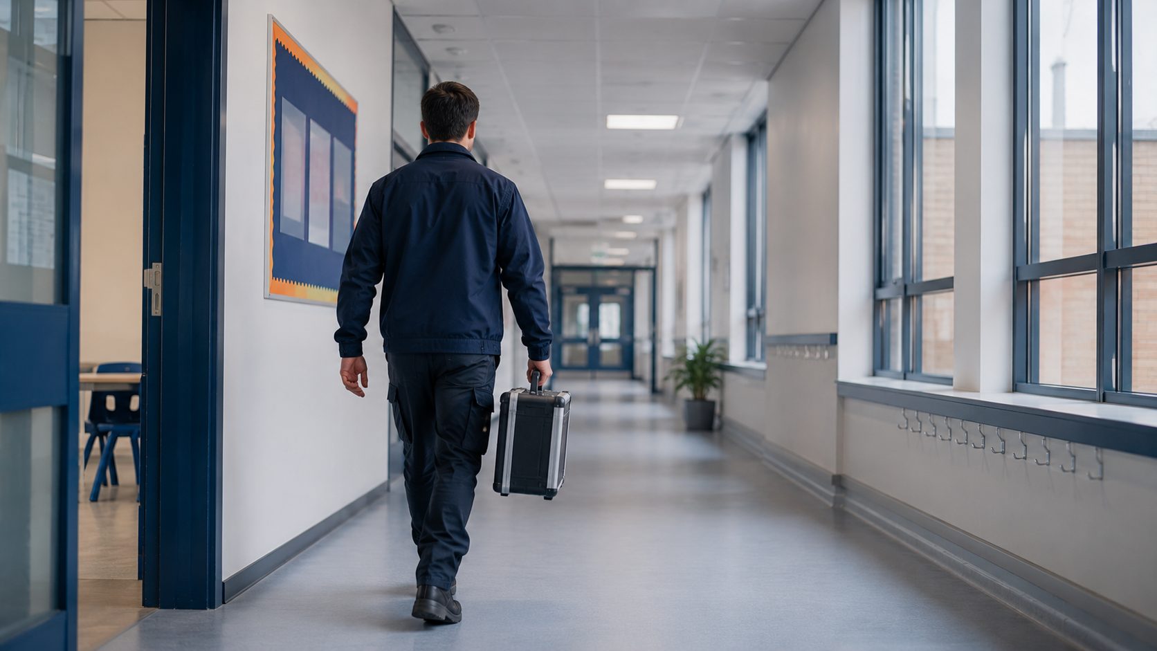 An engineer walking a school corridor with an equipment case.