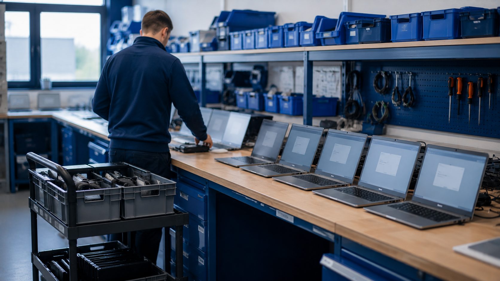 A device staging bench with rows of laptops being prepared.