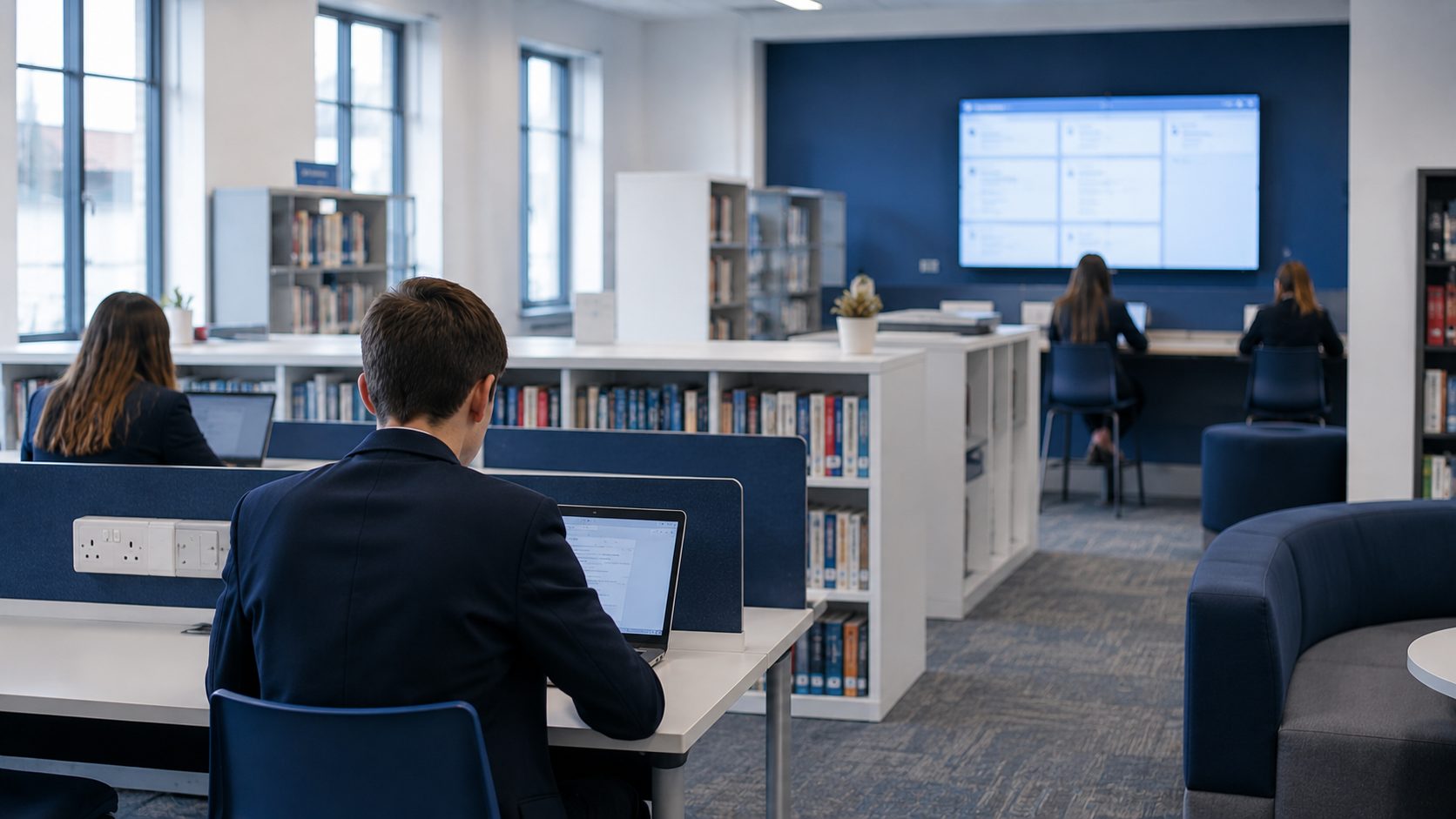 A modern school library in full working order, figures seen from behind.